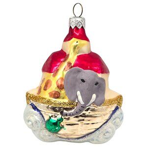 Vtg Noahs Ark Glass Christmas Ornament Glitter Accents 4" Animals Bible Boat